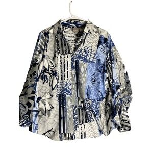 Chicos Sophia Floral Stripe Button Down Shirt Sz 2 L Blue Gray Patchwork Travel